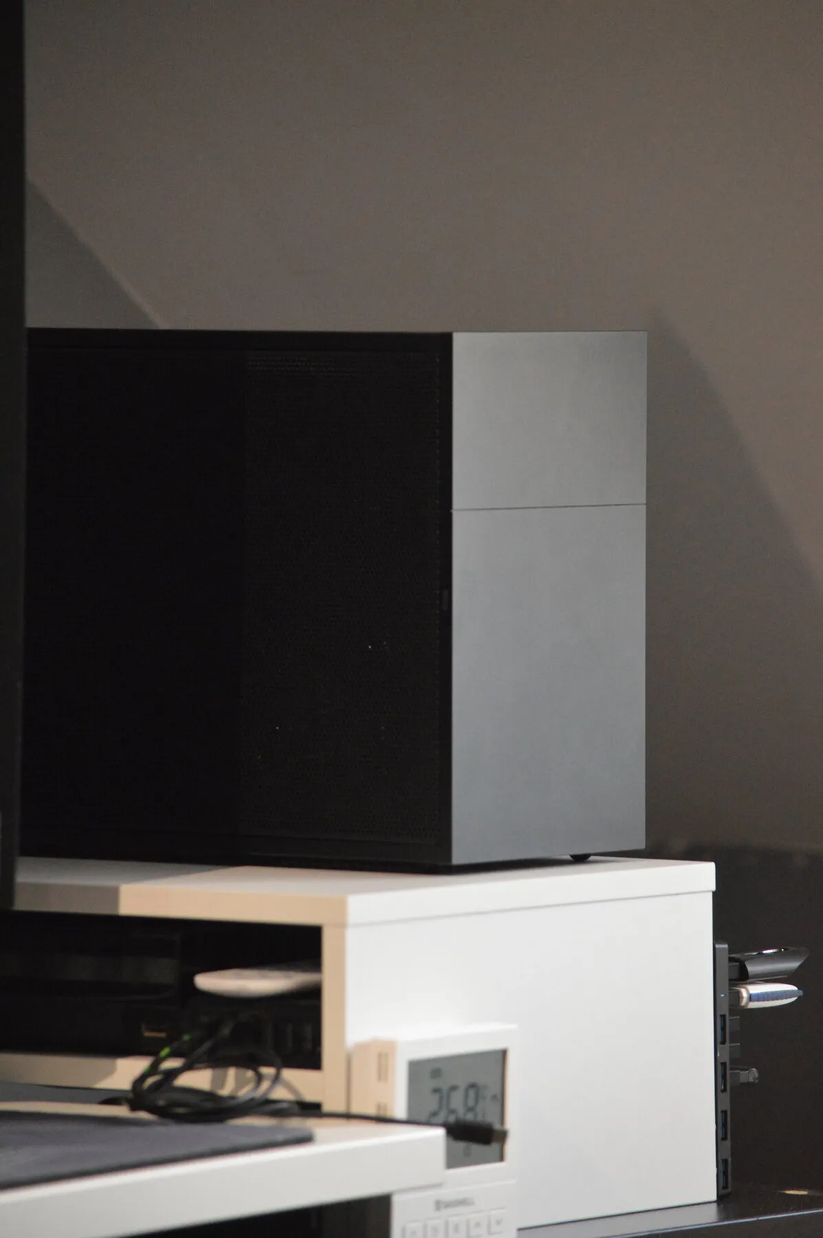 Front view of a compact custom ITX workstation